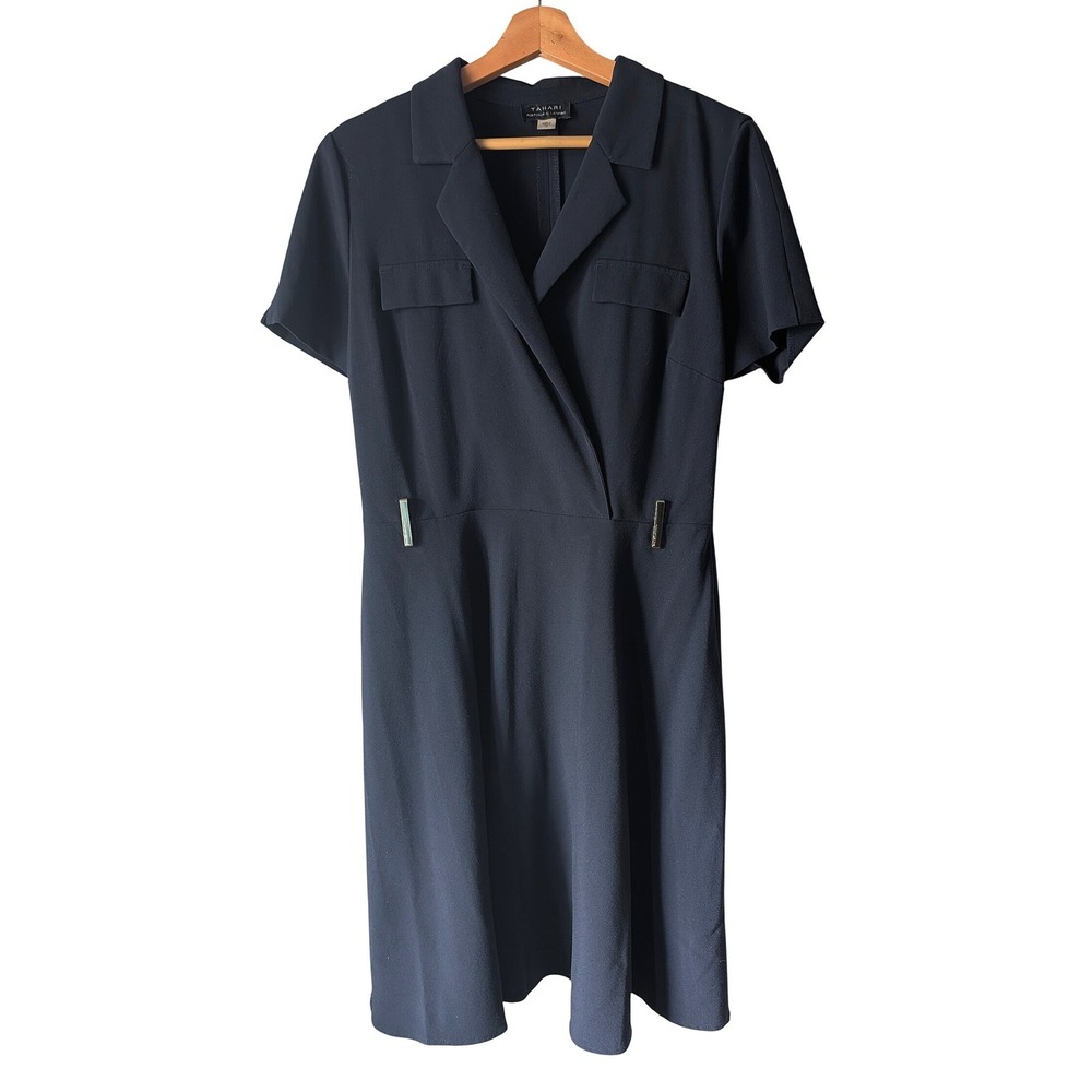 Tahari Arthur S. Levine Dress Womens 12 Navy Blue Short Sleeve Wrap Workwear